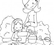 Coloriage Maman et sa fille au jardin