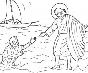 Coloriage J&eacute;sus marche sur La Mer