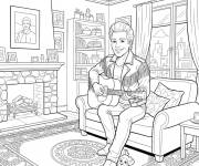 Coloriage Johnny Hallyday dans son salon jouant au guitare
