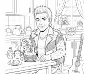 Coloriage et dessins gratuit Johnny Hallyday prenant son petit-d&eacute;jeuner à imprimer