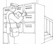 Coloriage Le Facteur dépose les lettres dans les boîtes aux lettres