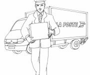 Coloriage Le facteur près d'un camion de poste