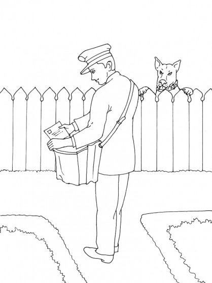 Coloriage et dessins gratuits Un chien méchant regarde le facteur apportant le courrier à imprimer