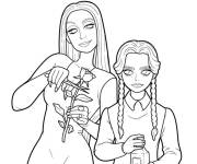 Coloriage Mercredi Addams acec sa m&egrave;re style cartoon