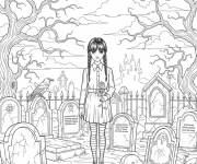 Coloriage Mercredi Addams au Cimeti&egrave;re