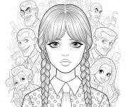 Coloriage Mercredi Addams avec les personnages de la s&eacute;ries