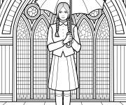 Coloriage Mercredi Addams debout devant l'Acad&eacute;mie Nevermore