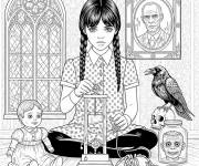 Coloriage Mercredi Addams en train de jouer