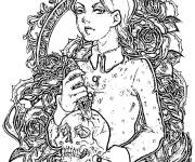 Coloriage Mercredi Addams entour&eacute;e par des fleurs