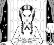 Coloriage Mercredi Addams et la lecture dans sa chambre
