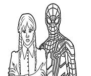 Coloriage Mercredi Addams et Spider Man