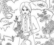 Coloriage Mercredi Addams fait du jardinage