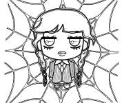 Coloriage Mercredi Addams sur toit d'araign&eacute;e chibi