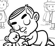 Coloriage Monsieur Bean dort avec son ours en peluche