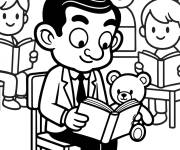 Coloriage Monsieur Bean lit &agrave; son ours en peluche