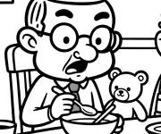 Coloriage Monsieur Bean mange avec son ours en peluche