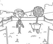 Coloriage Mr Bean fait du jardinage