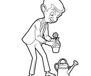 Coloriage Mr Bean tenant un pot de fleur