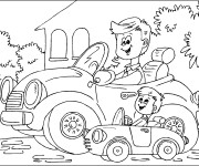Coloriage Papa et fils dans leurs voitures dr&ocirc;le