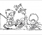 Coloriage P&ecirc;cheur et son chien humoristique