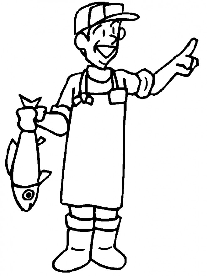 Coloriage pêcheur tout en souriant dessin gratuit à imprimer