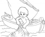 Coloriage Petit pêcheur fait sortir le filet