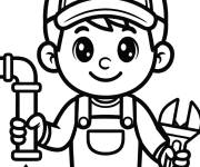 Coloriage Gentil plombier r&eacute;pare la fuite avec sa cl&eacute; &agrave; molette