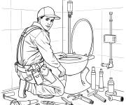 Coloriage Illustration d'un plombier r&eacute;parant des toilettes