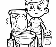 Coloriage L'enfant nettoie la toilette