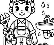Coloriage Le petit plombier joyeux r&eacute;pare la fuite au lavabo