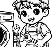Coloriage Petit plombier adorable qui branche le lave-linge