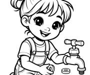 Coloriage Petite plombi&egrave;re qui change le joint du robinet
