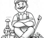 Coloriage plombier assis entre les outils et les tuyaux