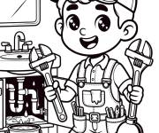 Coloriage Plombier courageux qui r&eacute;pare la grosse fuite sous le lavabo