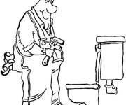 Coloriage Plombier installe la toilette