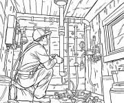 Coloriage Plombier r&eacute;parant l'&eacute;quipement au sous-sol