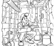 Coloriage Plombier r&eacute;pare des canalisations qui fuient