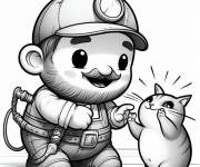 Coloriage plombier s'amusant avec son chat