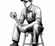 Coloriage plombier se reposant sur un tabouret