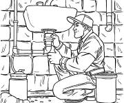Coloriage Sc&egrave;ne de plombier r&eacute;parant des tuyaux en vecteur