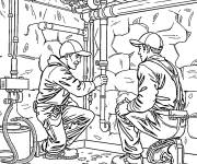 Coloriage Une &eacute;quipe de plombiers r&eacute;pare une canalisation