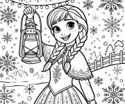 Coloriage Princesse Anna avec une lanterne en hiver