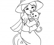 Coloriage Fille sorci&egrave;re et son chat