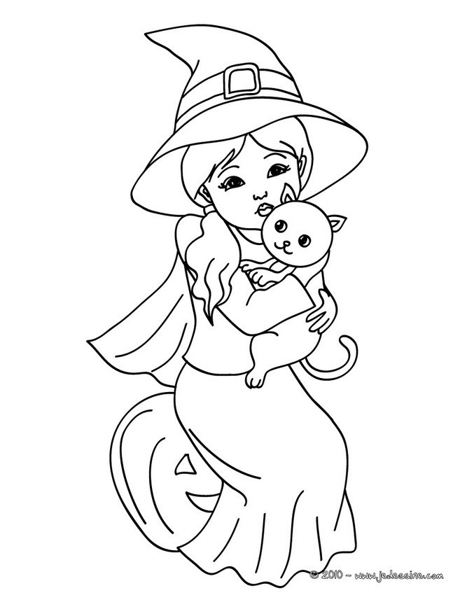 Coloriage Fille sorcière et son chat dessin gratuit à imprimer