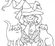 Coloriage petit Sorcière et ses chats
