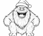 Coloriage Y&eacute;ti assis en portant le bonnet de noel