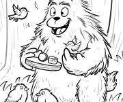 Coloriage Y&eacute;ti donne de la nourriture aux oiseaux