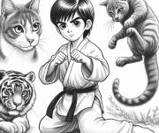 Coloriage Enfant, chat et tigre arts martiaux