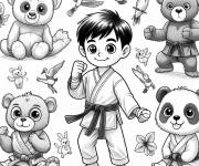 Coloriage Enfant et Panda sur le th&egrave;me de Kung Fu