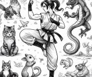 Coloriage Fille en position de Tai Chi avec des animaux